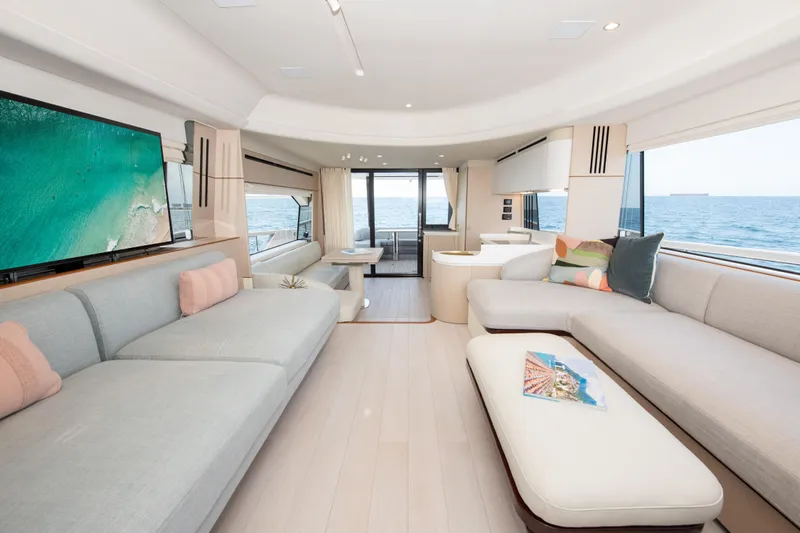 Crimson Yacht Photos Pics Luxurious interior of 2023 Azimut Fly 68 yacht with ocean view.