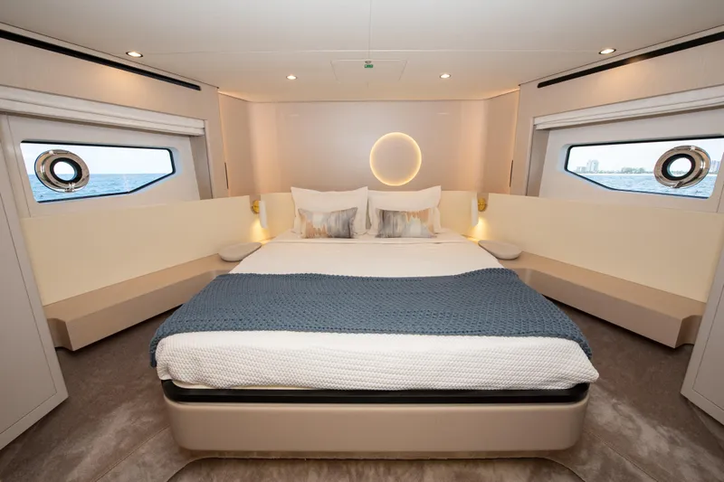Crimson Yacht Photos Pics Luxurious bedroom interior of 2023 Azimut Fly 68 yacht with modern design.