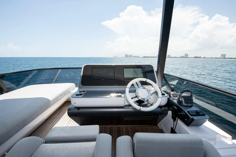 Crimson Yacht Photos Pics Luxurious 2023 Azimut Fly 68 yacht helm with ocean view and modern design.