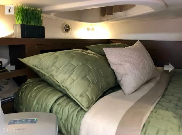  Yacht Photos Pics Cozy cabin interior of 2017 Sea Ray Sundancer 280 with green bedding and modern decor.