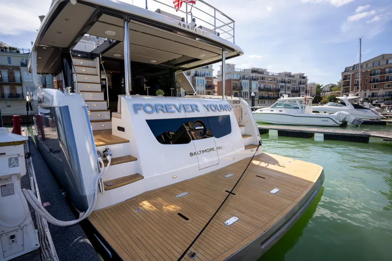 Forever Young Yacht Photos Pics Luxury 2018 Absolute 58 Navetta yacht docked in marina, rear view.