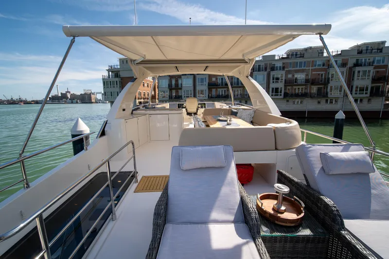 Forever Young Yacht Photos Pics Luxurious 2018 Absolute 58 Navetta yacht with spacious deck and waterfront view.
