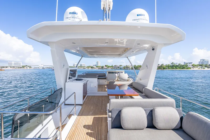  Yacht Photos Pics Luxurious 2019 Azimut 66 yacht with spacious deck and modern seating, cruising on clear waters.