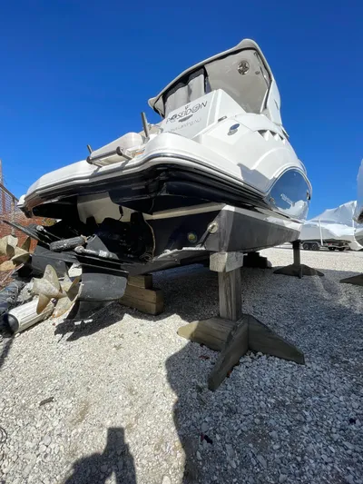  Yacht Photos Pics 2018 Chaparral 310 Signature boat on stands, viewed from the stern under a clear blue sky.