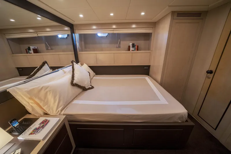 Manu Yacht Photos Pics Luxurious bedroom interior of 2006 Mangusta 92 yacht with elegant bedding and modern design.