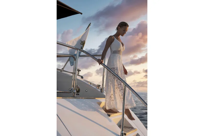 Manu Yacht Photos Pics Woman in white dress on 2006 Mangusta 92 yacht at sunset.