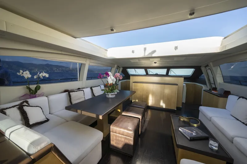 Manu Yacht Photos Pics Luxurious interior of 2006 Mangusta 92 yacht with elegant seating and ocean views.