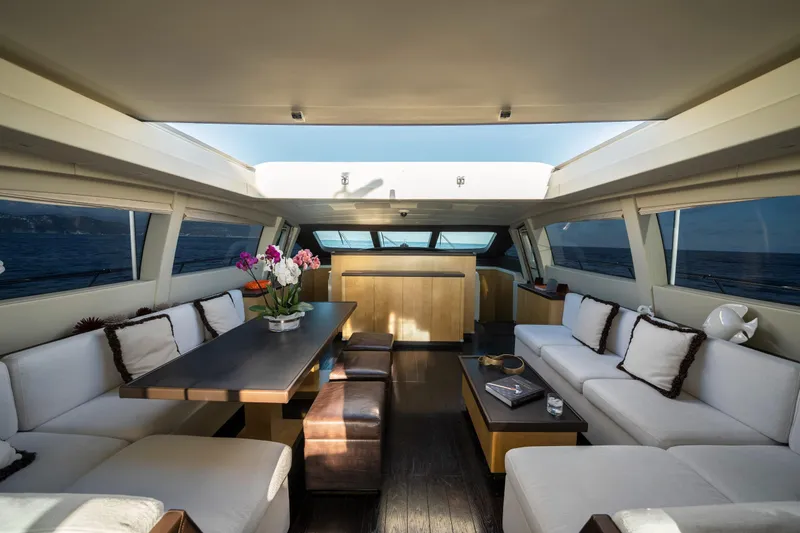 Manu Yacht Photos Pics Luxurious interior of 2006 Mangusta 92 yacht with elegant seating and ocean view.