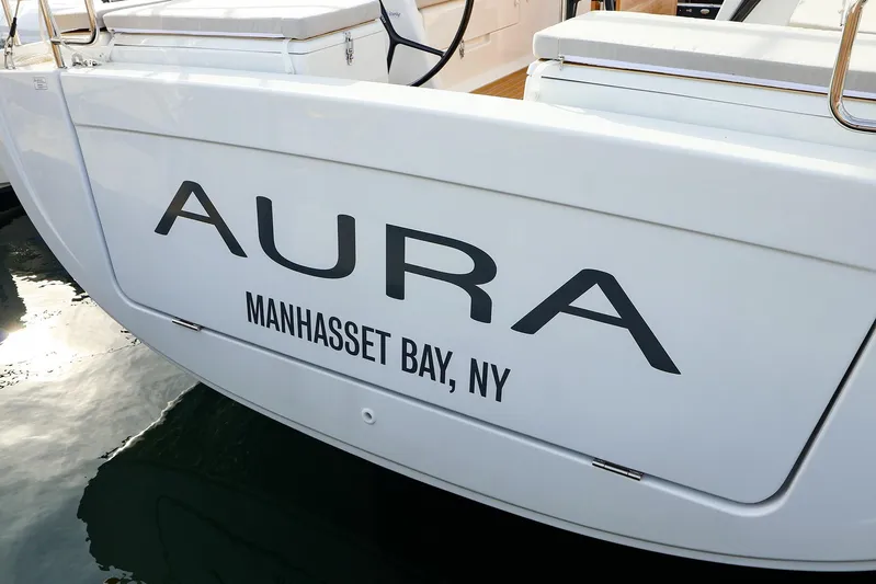  Yacht Photos Pics Stern of 2025 Hanse 458 yacht "Aura" docked at Manhasset Bay, NY.