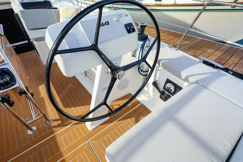  Yacht Photos Pics Steering wheel of 2025 Hanse 458 yacht with modern cockpit design.