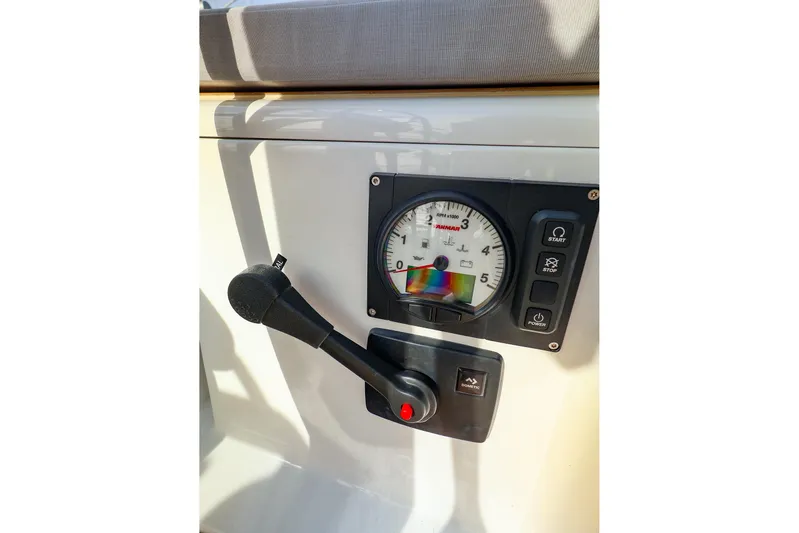  Yacht Photos Pics Control panel of 2025 Hanse 458 yacht with throttle and gauge.