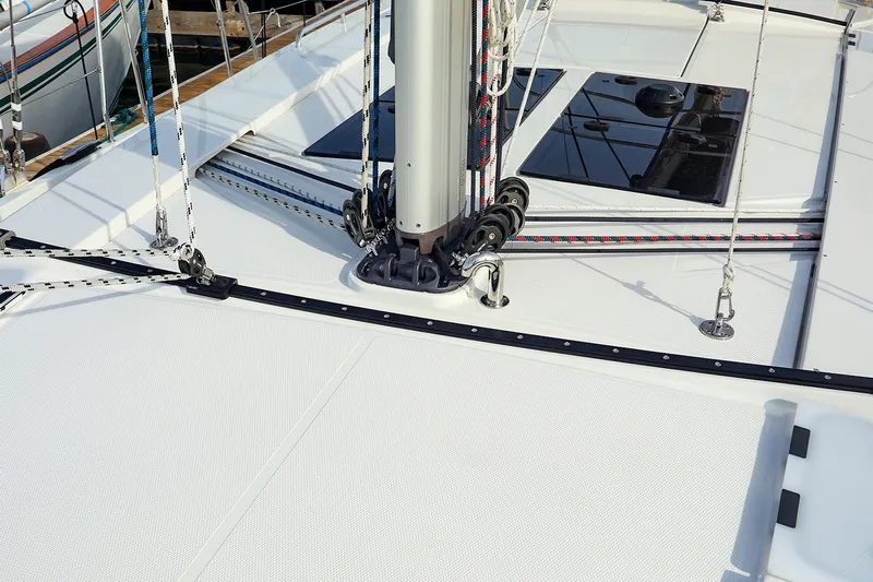  Yacht Photos Pics Deck of 2025 Hanse 458 sailboat with rigging and hatches.