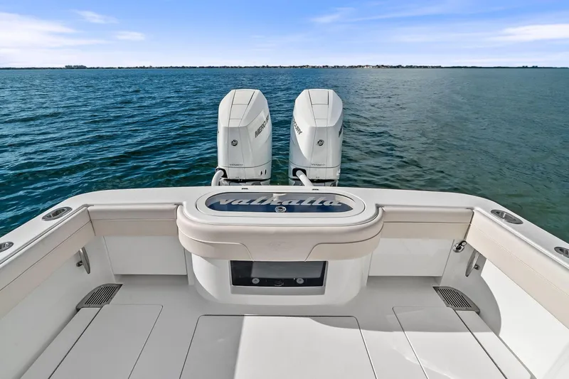 New Valhalla Boatworks V-33 Yacht Photos Pics 2026 Valhalla Boatworks V-33 with twin Mercury engines on open water.