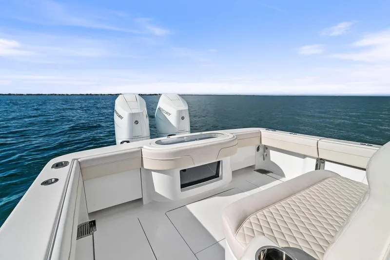 New Valhalla Boatworks V-33 Yacht Photos Pics 2026 Valhalla Boatworks V-33 on open water, featuring dual Mercury engines.