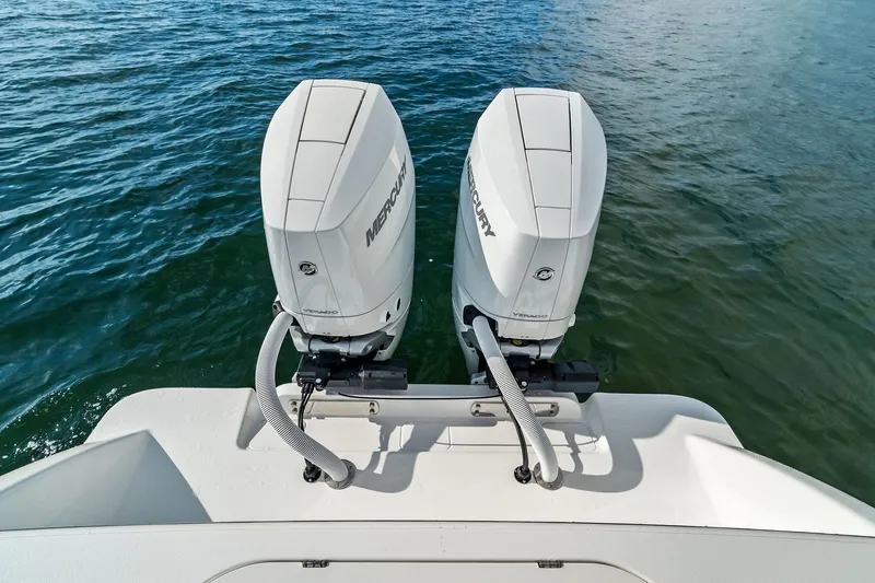 New Valhalla Boatworks V-33 Yacht Photos Pics 2026 Valhalla Boatworks V-33 with dual Mercury outboard engines on water.