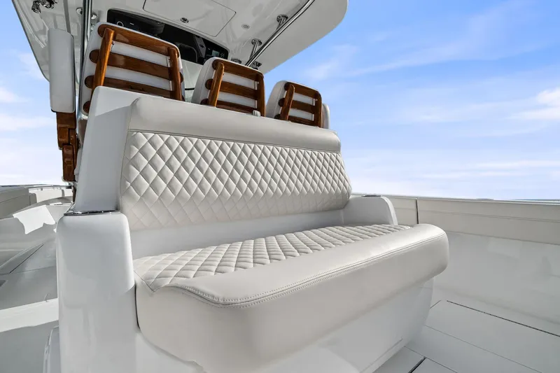 New Valhalla Boatworks V-33 Yacht Photos Pics Luxurious seating on 2026 Valhalla Boatworks V-33, featuring diamond-stitched upholstery.