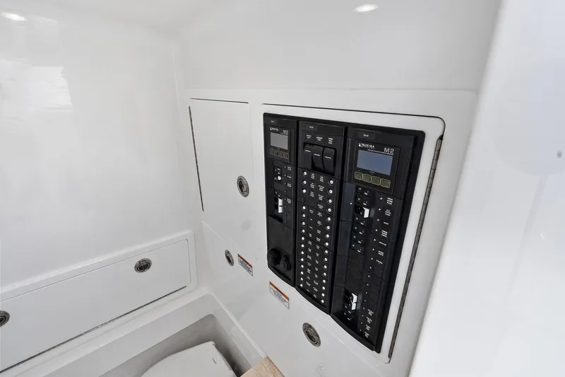 New Valhalla Boatworks V-33 Yacht Photos Pics Electrical panel inside 2026 Valhalla Boatworks V-33 boat, featuring modern controls and displays.