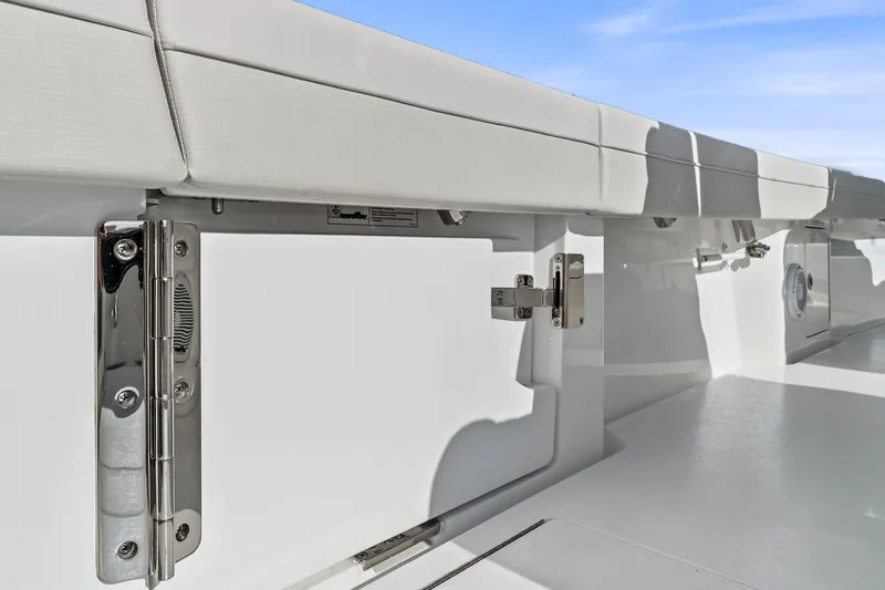 New Valhalla Boatworks V-33 Yacht Photos Pics 2026 Valhalla Boatworks V-33 interior detail with sleek white finish and stainless steel hardware.