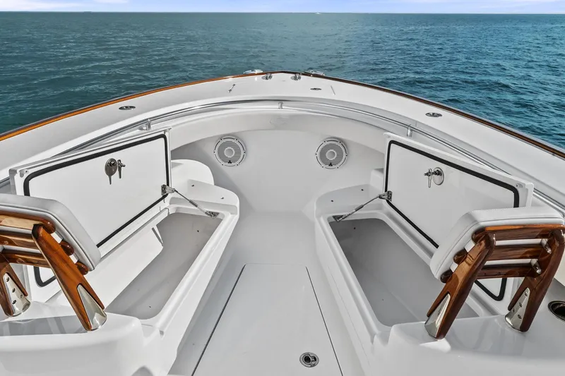 New Valhalla Boatworks V-33 Yacht Photos Pics 2026 Valhalla Boatworks V-33 deck with open storage compartments, ocean view.