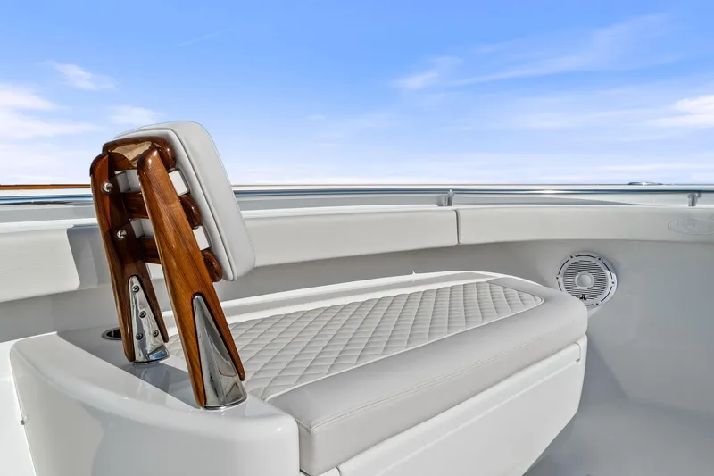 New Valhalla Boatworks V-33 Yacht Photos Pics 2026 Valhalla Boatworks V-33 interior with elegant seating and wooden accents.