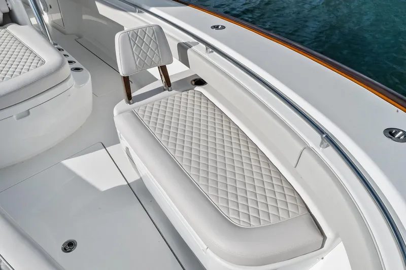 New Valhalla Boatworks V-33 Yacht Photos Pics Luxurious seating on 2026 Valhalla Boatworks V-33, featuring diamond-stitched upholstery.