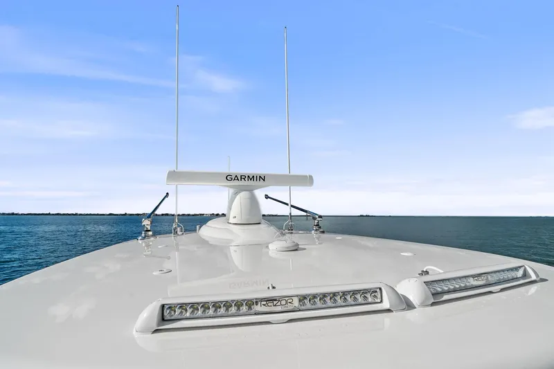 New Valhalla Boatworks V-33 Yacht Photos Pics 2026 Valhalla Boatworks V-33 bow with Garmin radar, ocean view.