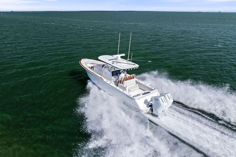 New Valhalla Boatworks V-33 Yacht Photos Pics Valhalla Boatworks V-33 2026 model cruising on open water at high speed.