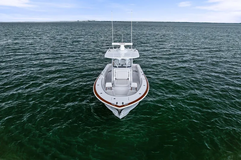 New Valhalla Boatworks V-33 Yacht Photos Pics 2026 Valhalla Boatworks V-33 on open water, front view.