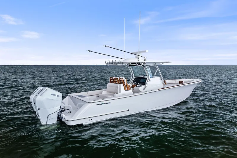 New Valhalla Boatworks V-33 Yacht Photos Pics 2026 Valhalla Boatworks V-33 on open water, featuring twin Mercury engines.