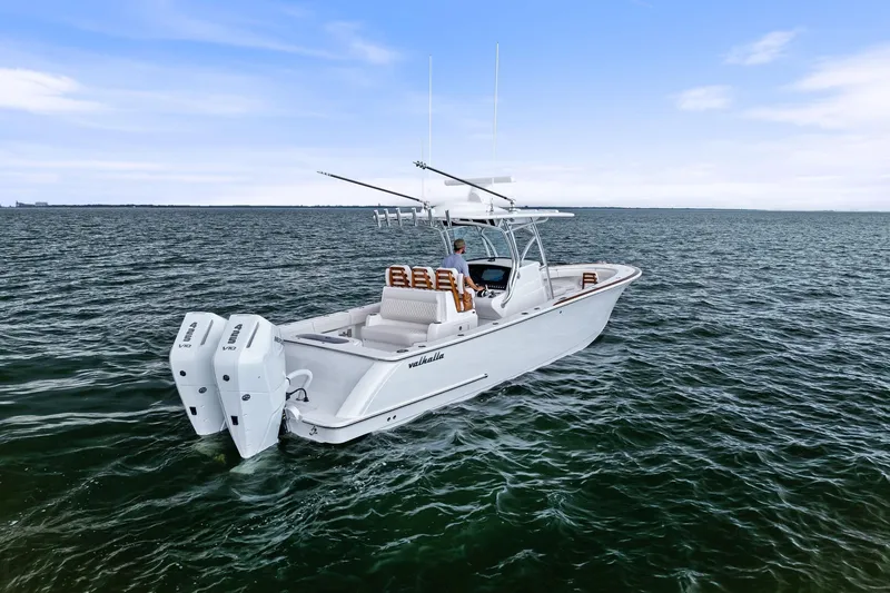 New Valhalla Boatworks V-33 Yacht Photos Pics 2026 Valhalla Boatworks V-33 on open water, featuring dual engines and sleek design.