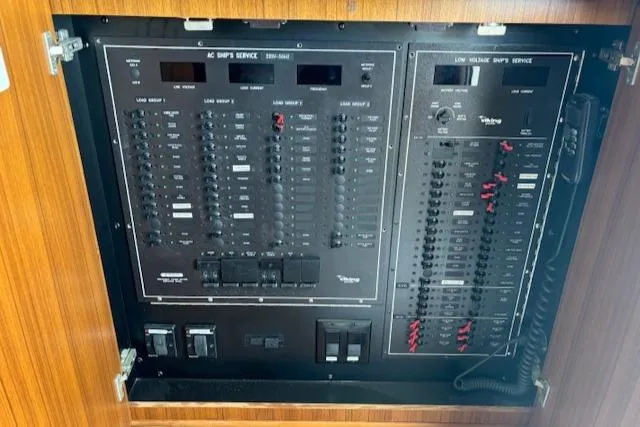  Yacht Photos Pics Electrical panel on a 2008 Viking 52 Convertible yacht, featuring switches and controls.