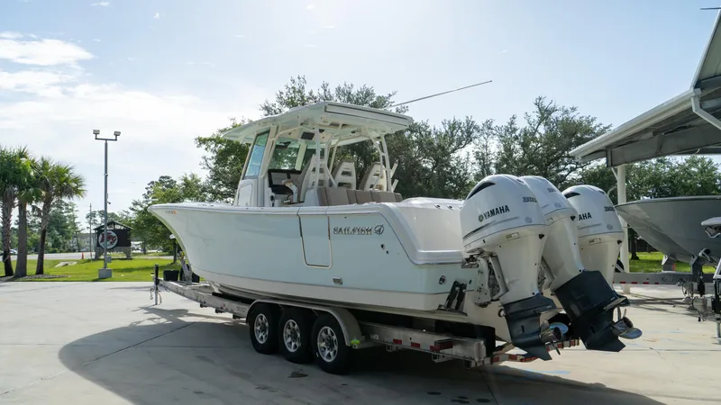  Yacht Photos Pics 2020 Sailfish 360 CC boat on trailer with dual Yamaha engines.