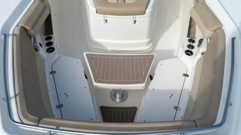  Yacht Photos Pics 2020 Sailfish 360 CC boat interior with cushioned seating and storage compartments.