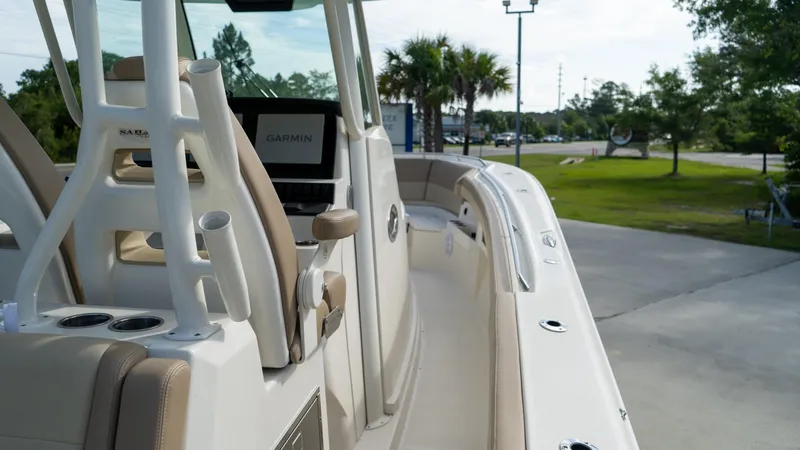  Yacht Photos Pics 2020 Sailfish 360 CC boat interior with Garmin navigation system.