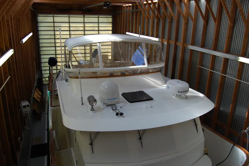 Legacy Yacht Photos Pics 1981 Ocean Alexander 50 Pilothouse in a boathouse.