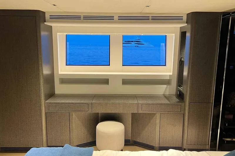  Yacht Photos Pics Luxurious Heesen Pleasure Vessel interior with ocean view through window, 1985 model.