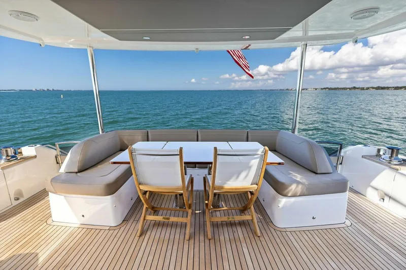 3bboys Yacht Photos Pics Luxurious 2018 Princess Y75 yacht deck with seating, table, and ocean view.