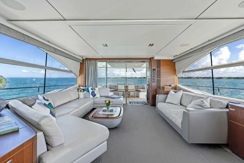 3bboys Yacht Photos Pics Luxurious interior of 2018 Princess Y75 yacht with ocean view and elegant seating.