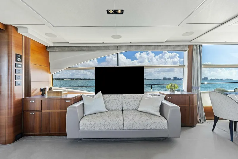 3bboys Yacht Photos Pics Luxurious 2018 Princess Y75 yacht interior with elegant sofa and ocean view.