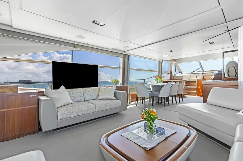 3bboys Yacht Photos Pics Luxurious interior of 2018 Princess Y75 yacht with elegant seating and dining area.