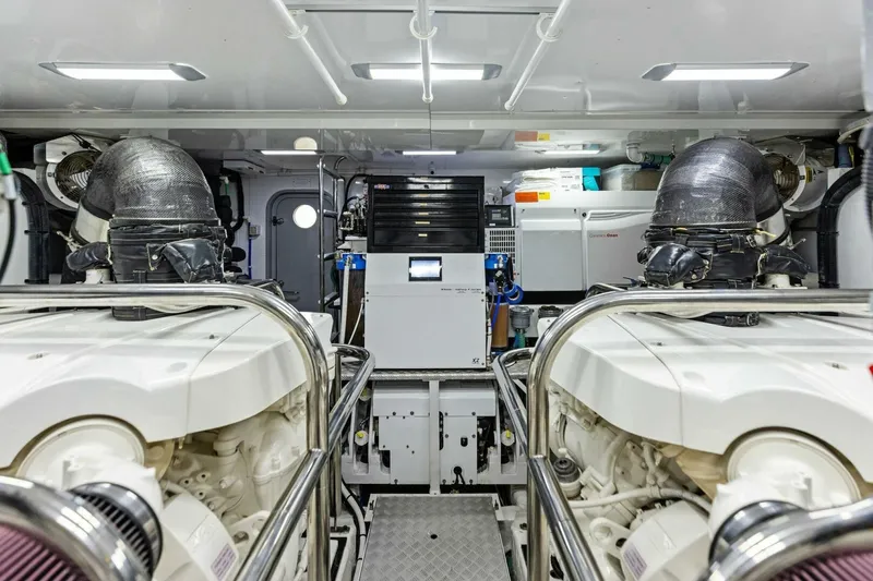 3bboys Yacht Photos Pics Engine room of 2018 Princess Y75 yacht, featuring advanced machinery and equipment.