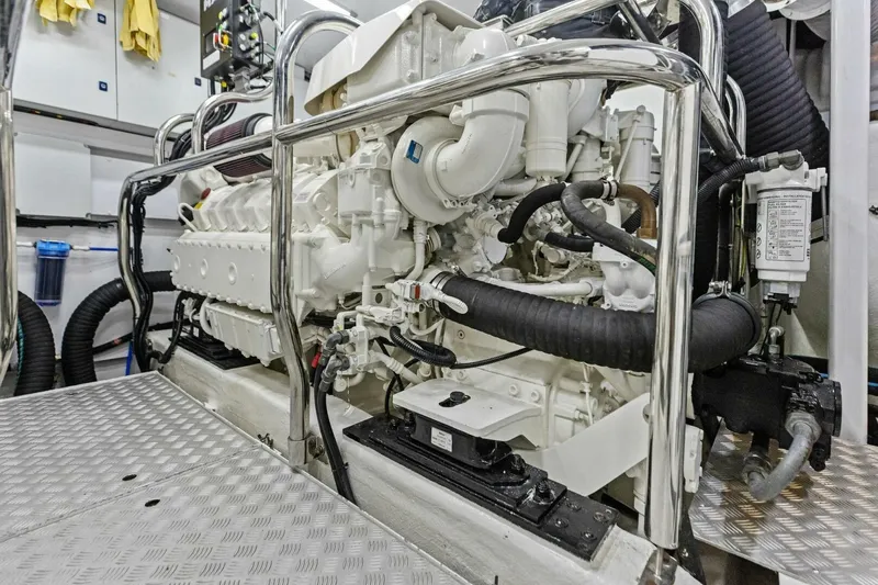 3bboys Yacht Photos Pics Engine room of 2018 Princess Y75 yacht, showcasing detailed machinery and components.