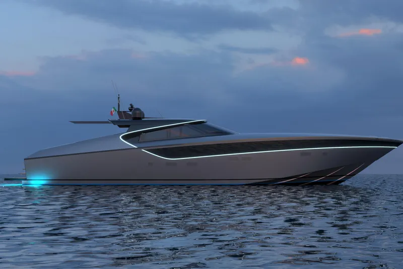  Yacht Photos Pics Futuristic 2026 Cantieri di Pisa 80 Fast yacht on calm ocean at dusk.