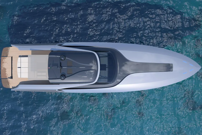  Yacht Photos Pics Top view of 2026 Cantieri di Pisa 80 Fast yacht on blue ocean water.