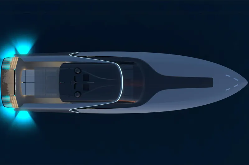 Yacht Photos Pics Top view of 2026 Cantieri di Pisa 80 Fast yacht with glowing underwater lights.