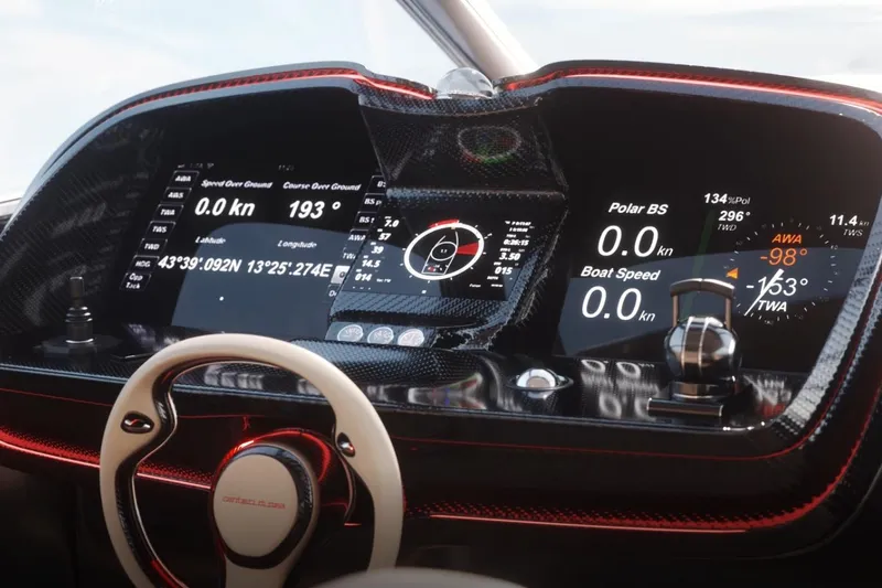  Yacht Photos Pics Futuristic dashboard of 2026 Cantieri di Pisa 80 Fast yacht with digital navigation displays.