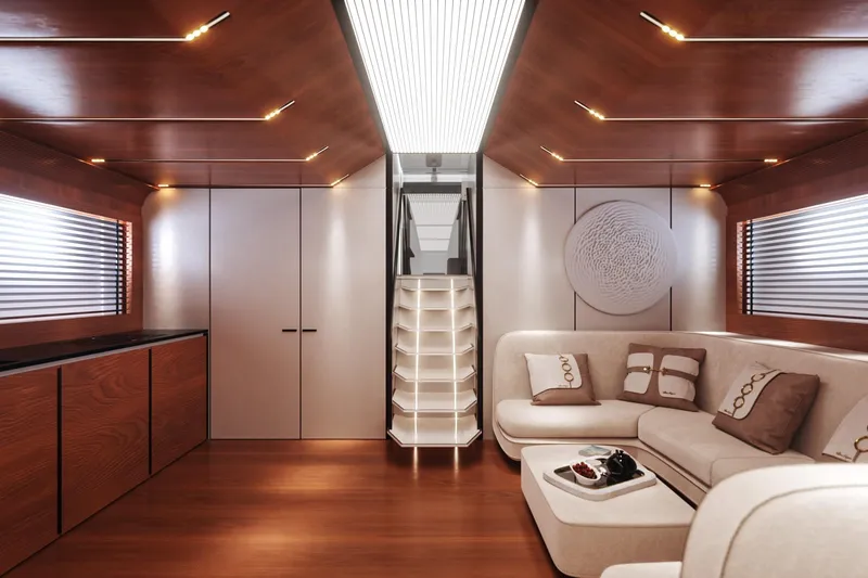  Yacht Photos Pics Luxurious interior of 2026 Cantieri di Pisa 80 Fast yacht with modern design and elegant furnishings.