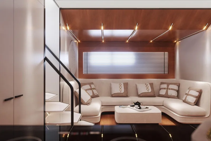  Yacht Photos Pics Luxurious interior of 2026 Cantieri di Pisa 80 Fast yacht with modern seating and elegant decor.