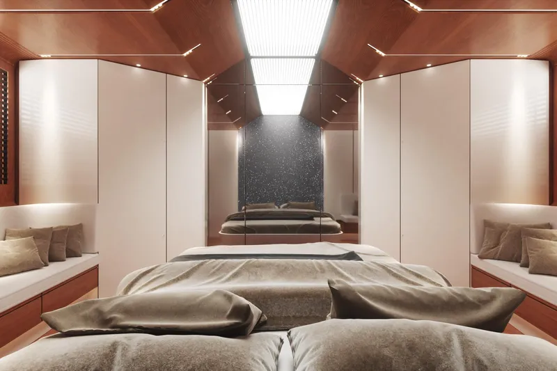  Yacht Photos Pics Luxurious bedroom interior of 2026 Cantieri di Pisa 80 Fast yacht, featuring modern design.