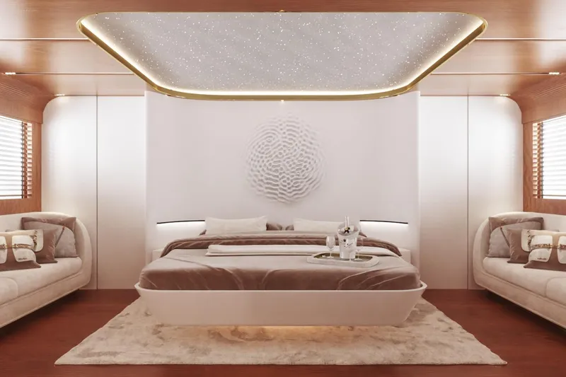  Yacht Photos Pics Luxurious bedroom interior on 2026 Cantieri di Pisa 80 Fast yacht, featuring elegant design and modern decor.